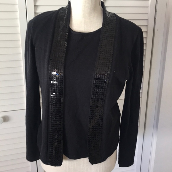 Elementz Sweaters - Elementz petite large black cardigan with built in sheath top with sequins trim